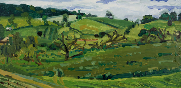 View from the Hill (Joy's Farm), oil on panel painting by Cerulean Arts Collective Member Liz Price.