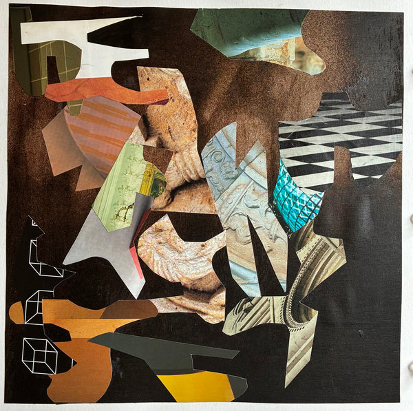 Abstract artwork with geometric shapes and patterns on a black background