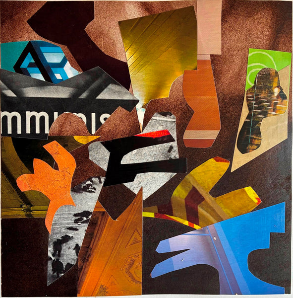 Abstract collage with various shapes and colors on a textured background