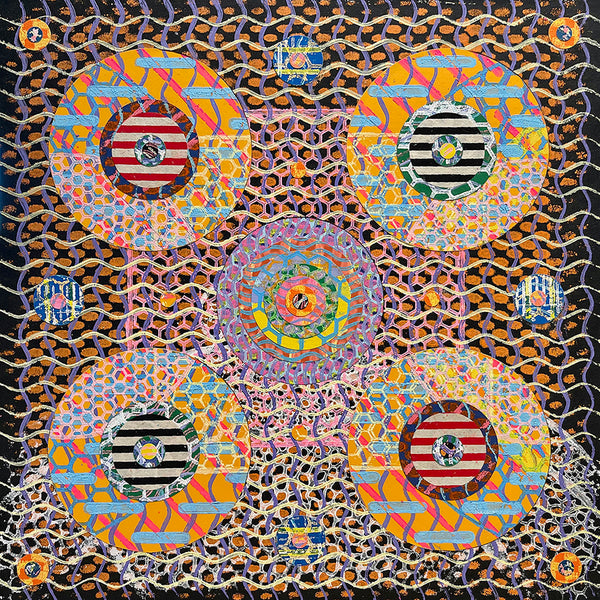 Circle Game #4, monoprint collage by artist Robert Reinhardt. Included in the exhibition Ripples of Impact curated by Cerulean Arts and on view at the Annenberg Center for Medical Education at Lankenau Medical Center May 8 - July 20. 2025.