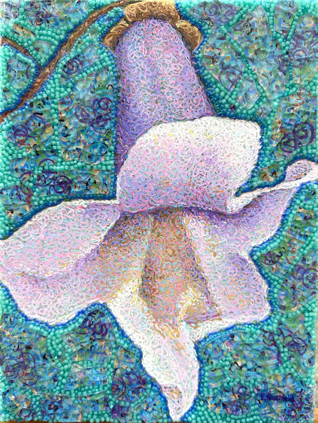 Mosaic artwork of a mushroom with a colorful, textured background