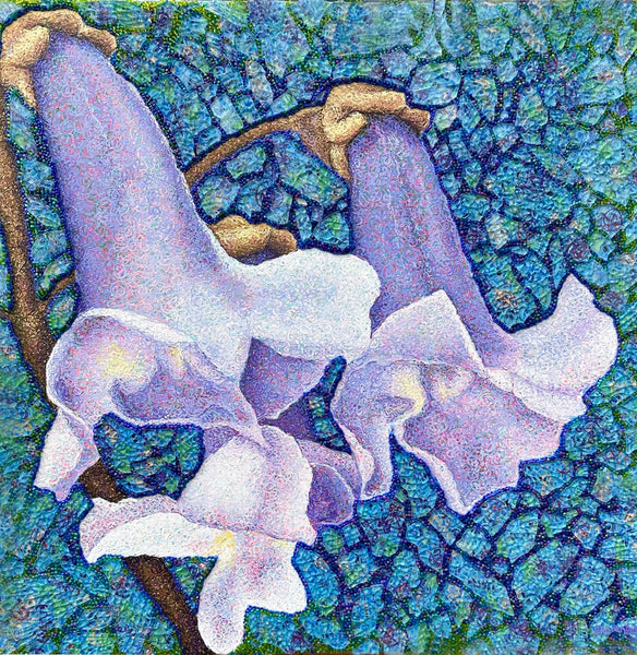 Mosaic artwork of purple flowers with a blue and green background