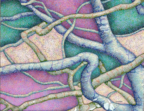 Abstract artwork with intertwined branches on a textured background
