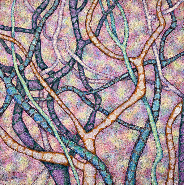Artistic depiction of intertwined branches with a pastel color palette