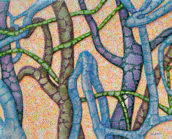 Abstract artwork with intertwined lines in blue, green, and purple on a textured background