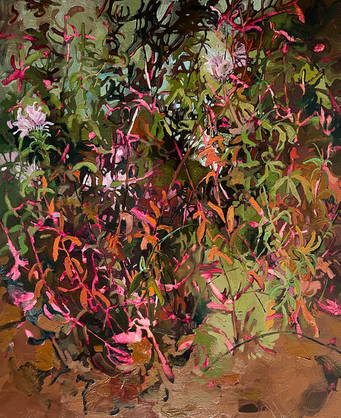 Abstract flower painting with pink, green, and brown colors