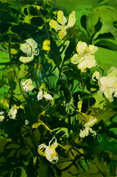 Artistic depiction of white flowers with green leaves on a textured green background