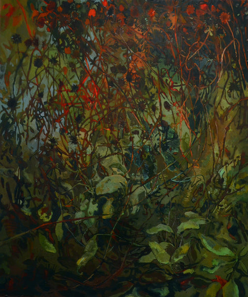 Abstract landscape painting with a mix of dark and warm colors