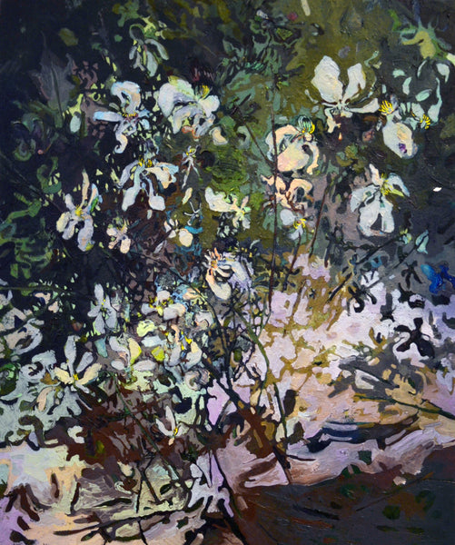 Abstract painting of flowers in a landscape with a dark background