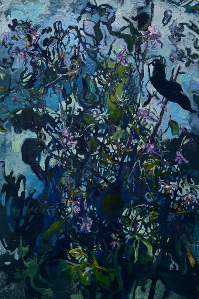 Abstract landscape painting with flowers and a bird on a textured background
