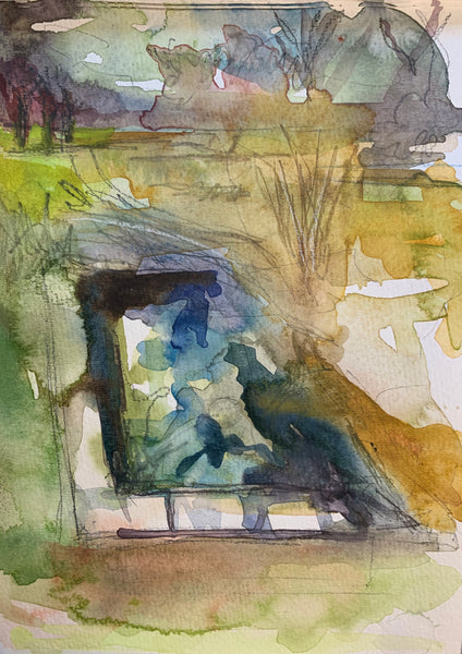 Abstracted watercolor painting of an outdoor pool in a landscape