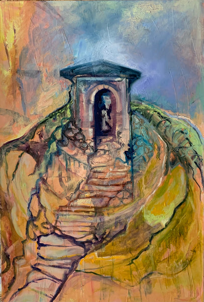 Abstract painting of a staircase leading to a small building with a figure inside, on a textured background.