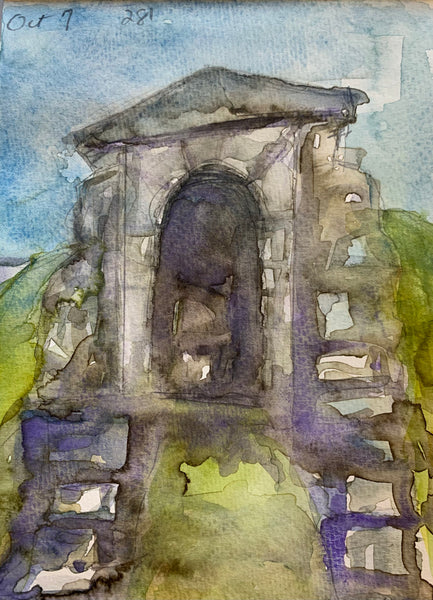 Artistic depiction of a stone archway with watercolor textures