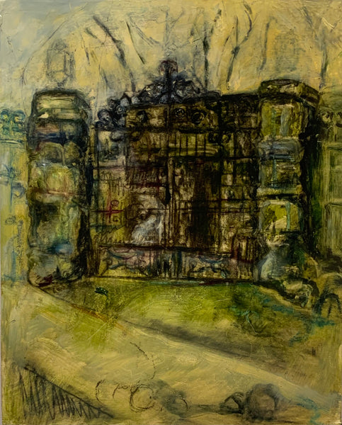 Abstracted oil painting depicting a gate with geometric shapes and patterns