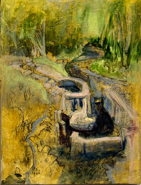 Artistic depiction of a fish ladder surrounded by greenery