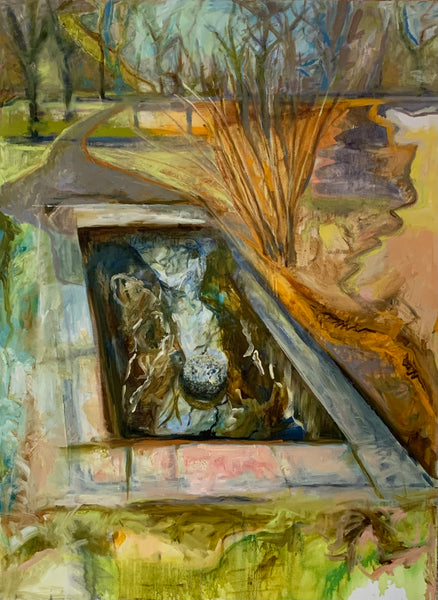 Artistic depiction of an outdoor pool with a view of trees.