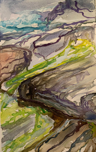 Strawberry Moon, Walpole, Maine, watercolor on paper painting by Cerulean Arts Collective member Noreen Scott Garrity