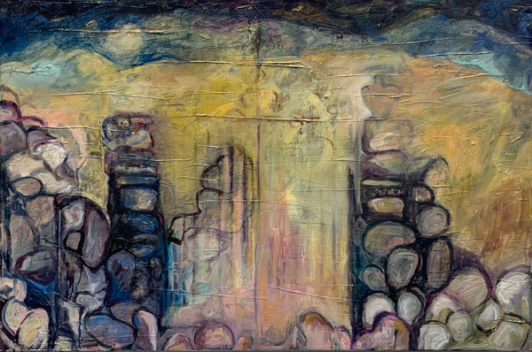 Abstract landscape painting depicting a gate and night sky with geometric shapes and warm colors