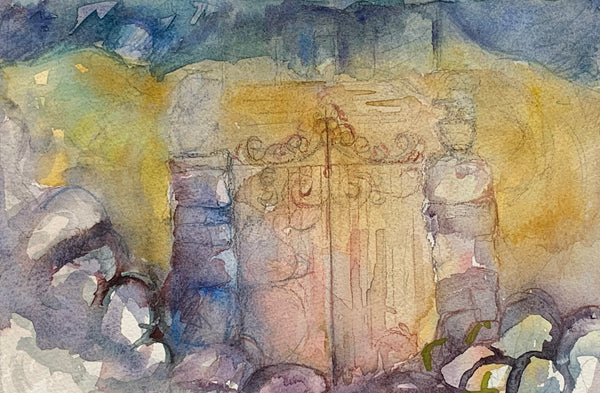 Watercolor painting of a stone monument with carvings and statues, surrounded by natural elements.