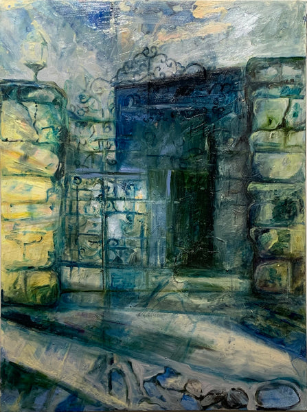 Abstract painting of a stone archway with architectural elements