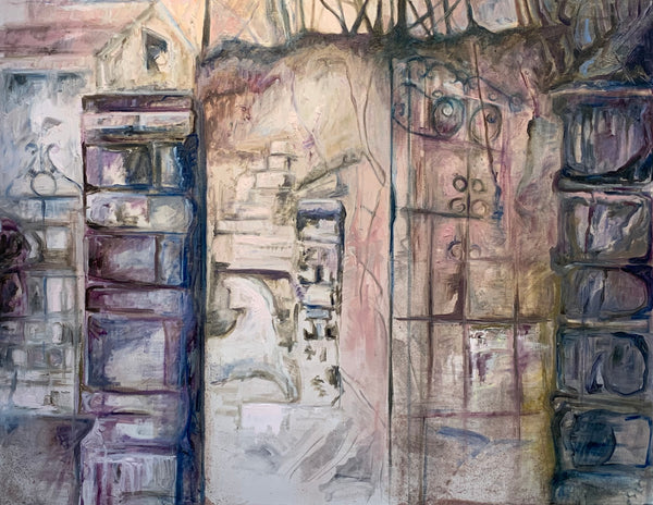 Semi-abstract artwork depicting a gate with geometric shapes and muted colors