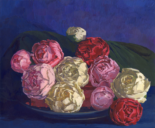 Peonies at Dusk, gouache on paper painting by Cerulean Arts Collective Member Allison Syvertsen