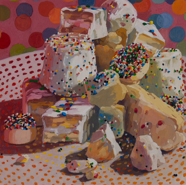 Piling On, gouache on paper painting by Cerulean Arts Collective Member Allison Syvertsen.