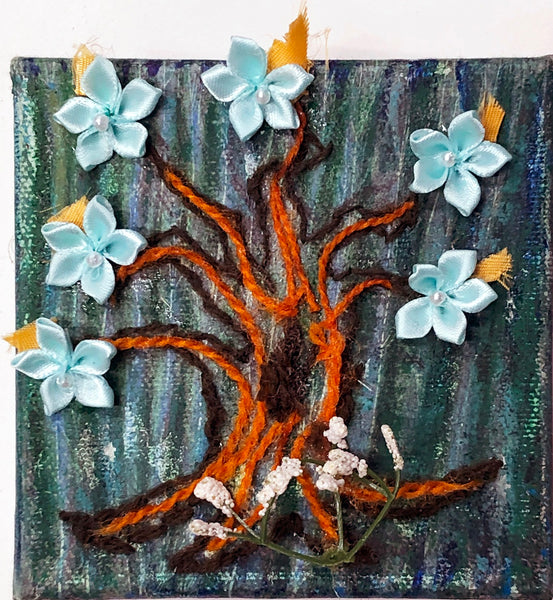 Tree of Life, mixed media, embroidery & collage on canvas painting by Cerulean Arts Collective Member Carol Taylor-Kearney.