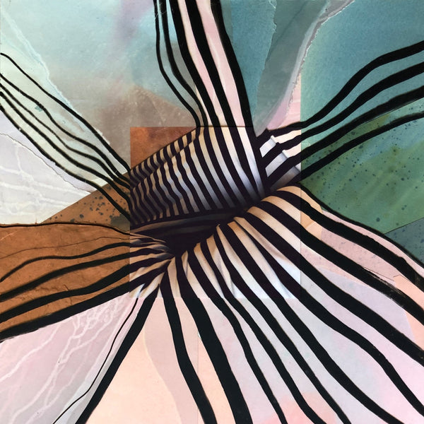 Inked Growth - Sky Blue Pink, collage with photo of stripes, acrylic on mylar, Asian and alcohol-ink papers painting by artist Florence Weisz. Included in the exhibition Ripples of Impact curated by Cerulean Arts and on view at the Annenberg Center for Medical Education at Lankenau Medical Center May 8 - July 20. 2025.