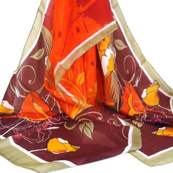 Silk scarf with art nouveau floral pattern in plum and orange available at Cerulean Arts. 