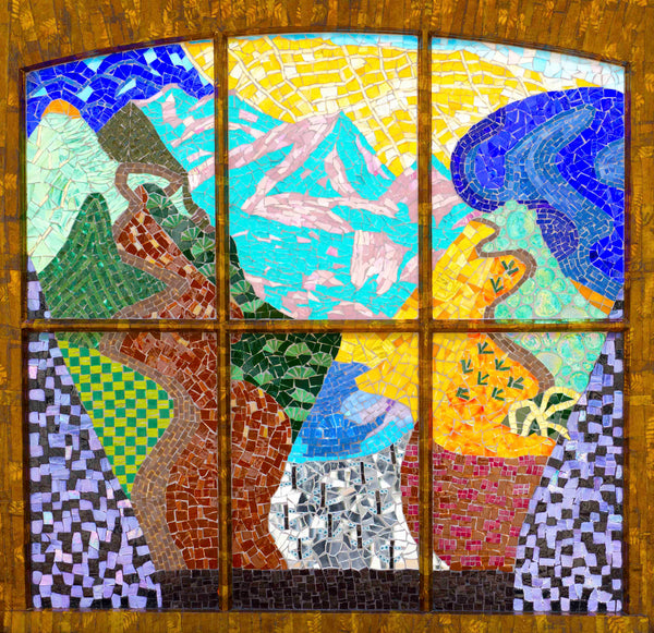 Mountain View, mixed-media mosaic on repurposed window by Cerulean Arts Collective member Barbara Bix. 
