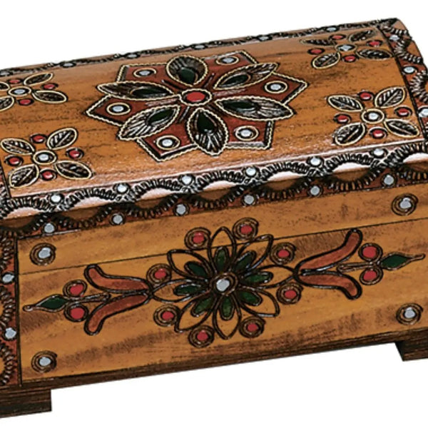 Decorative wooden box with floral patterns and embellishments.