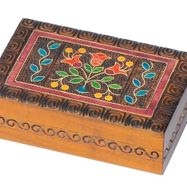 Wooden box with floral design and intricate patterns.