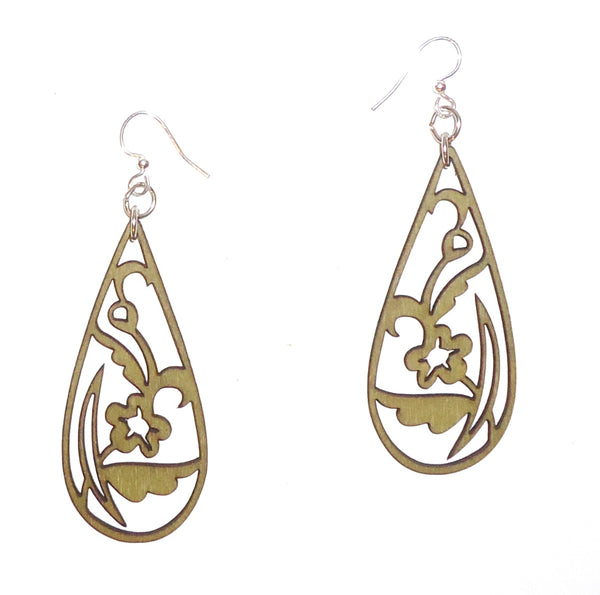 Laser cut wood earrings with apple green floral tear drop design available at Cerulean Arts.
