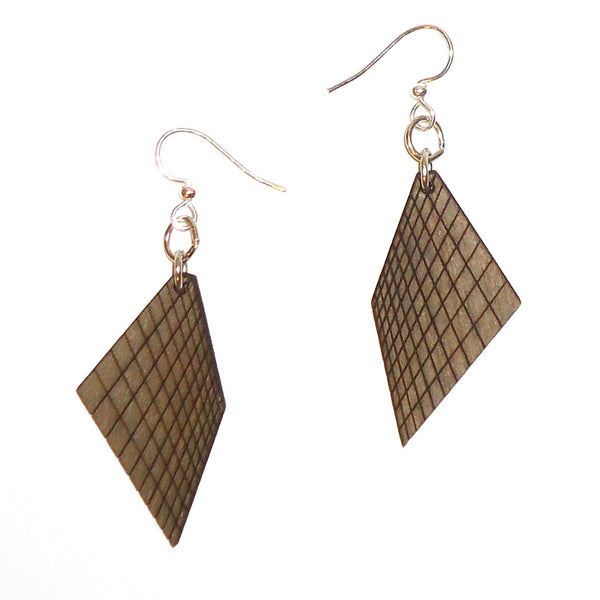 Laser cut wood earrings with gray graph design available at Cerulean Arts.  