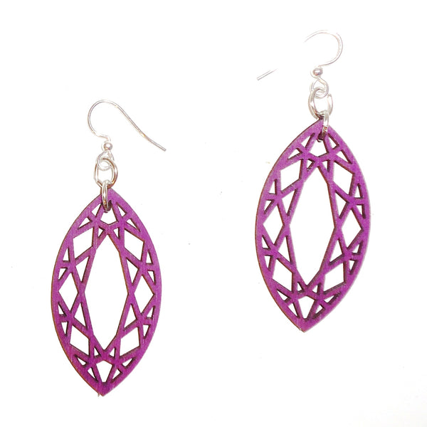 Laser cut wood earrings with purple marquise design available at Cerulean Arts.