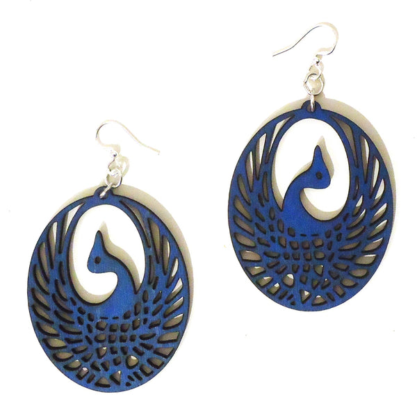 Laser cut wood earrings with blue phoenix design available at Cerulean Arts. 