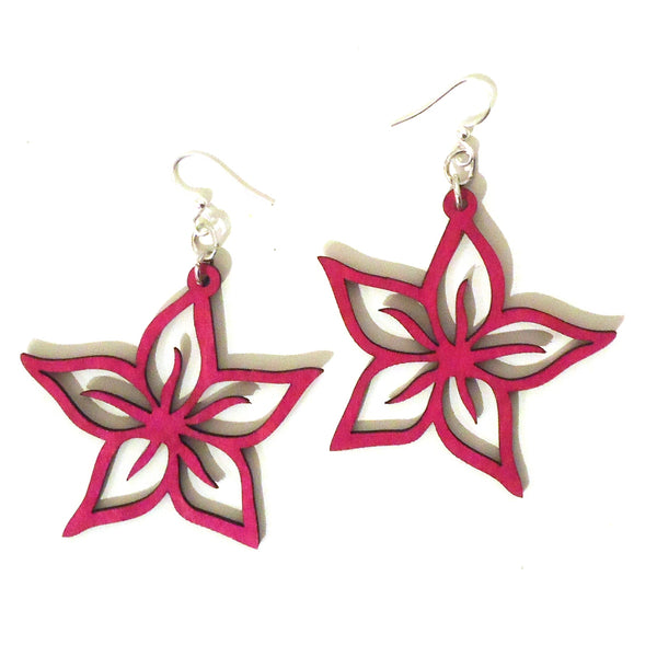 Laser cut wood earrings with fuchsia plumeria design available at Cerulean Arts.