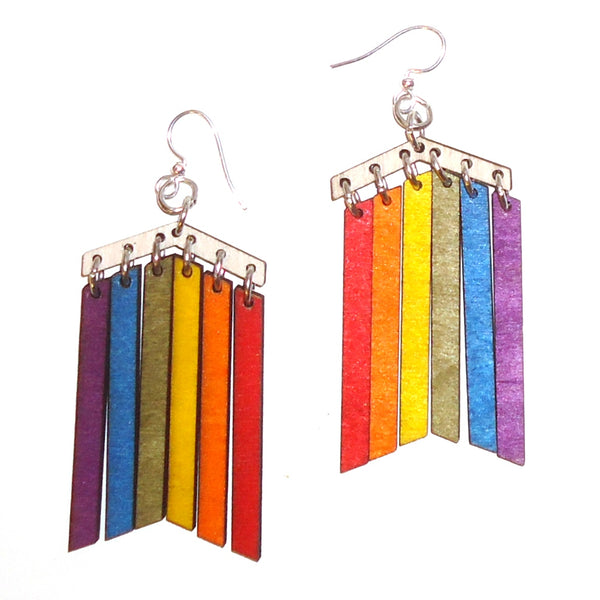 Laser cut wood earrings with rainbow pride design available at Cerulean Arts.  