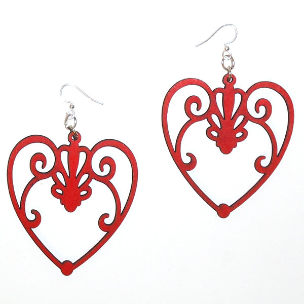 Laser cut wood earrings with red scroll heart design available at Cerulean Arts. 
