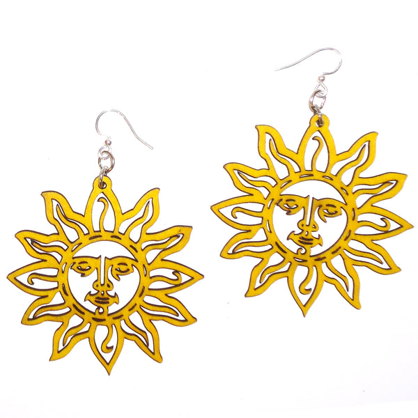 Laser cut wood earrings with yellow sun face design available at Cerulean Arts.  