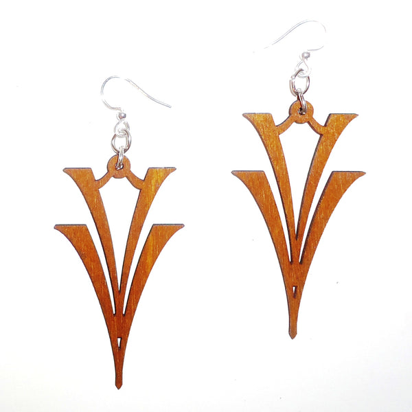 Laser cut wood earrings with cinnamon double V design available at Cerulean Arts. 
