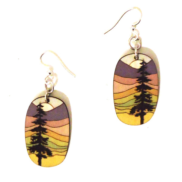 Laser cut wood earrings with sunset landscape design available at Cerulean Arts. 