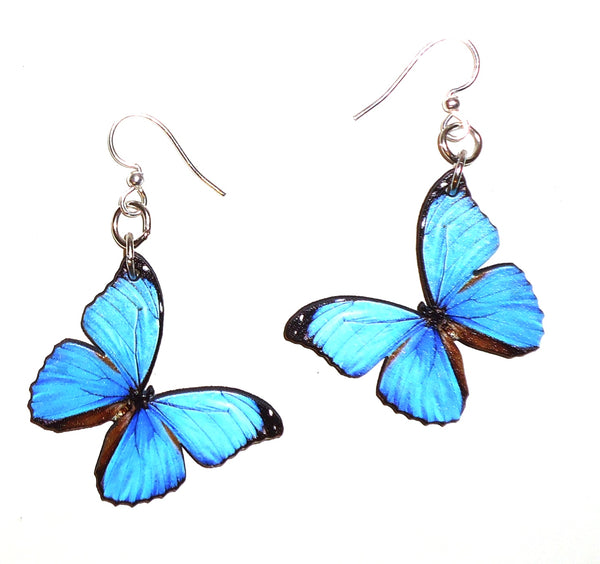 Laser cut wood earrings with blue butterflies design available at Cerulean Arts.