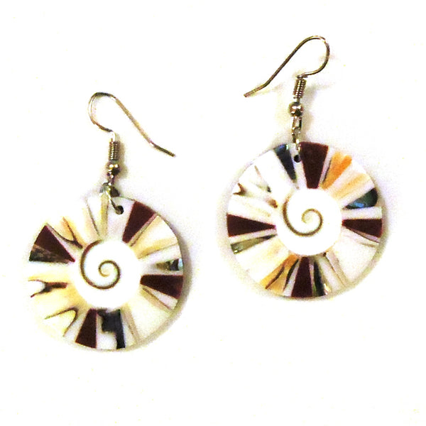 Round shell earrings with multicolor sunburst pattern and white spiral center available at Cerulean Arts.