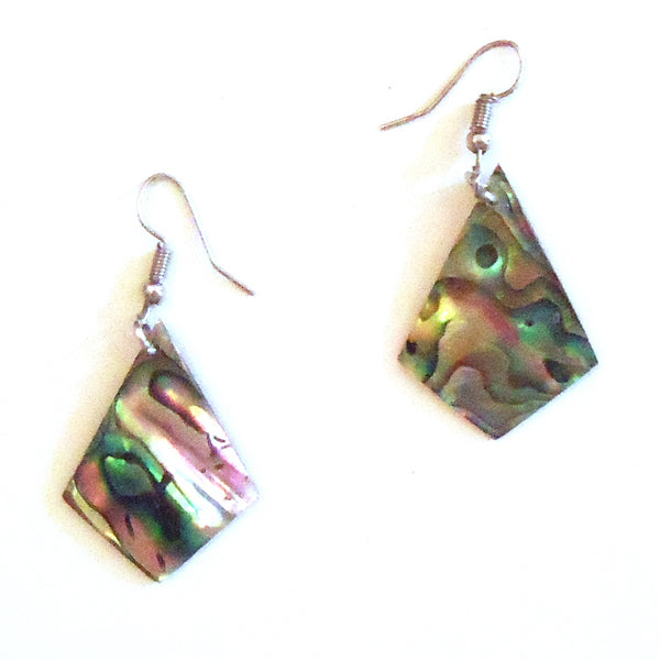 Spade shaped abalone shell earrings with iridescent finish, available at Cerulean Arts.