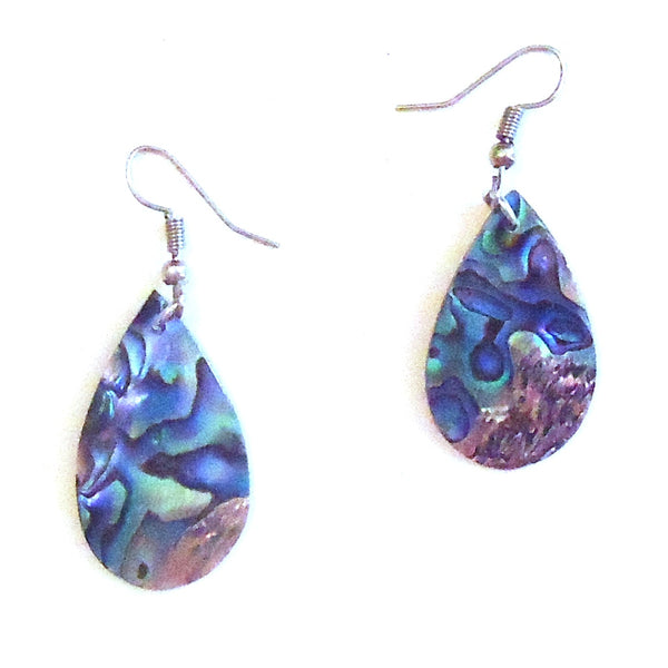 Teardrop shaped abalone shell earrings available at Cerulean Arts.