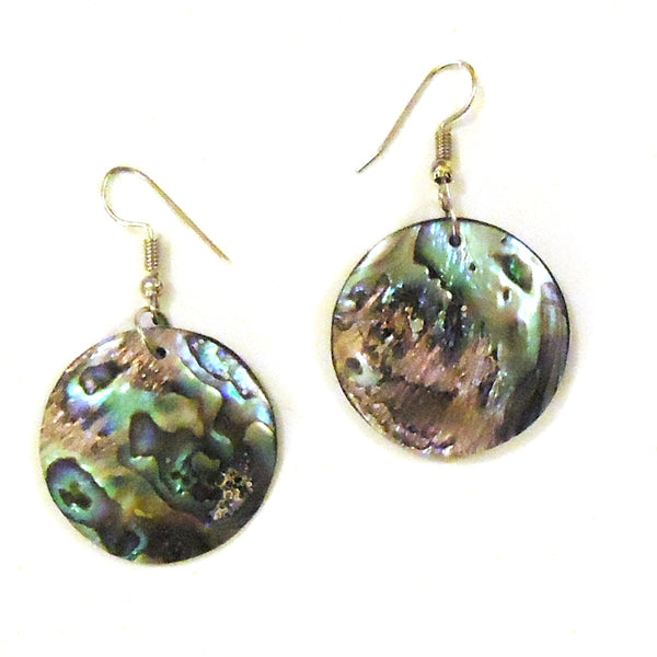 Circle abalone shell earrings with iridescent finish, available at Cerulean Arts.