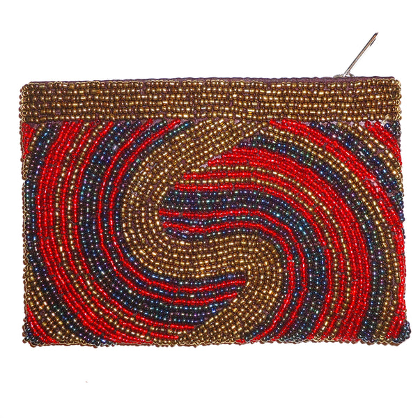 Beaded coin purse with swirl design in gold, red and blue, available at Cerulean Arts.