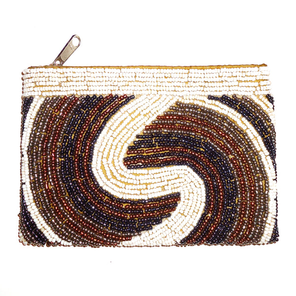 Beaded coin purse with swirl design in cream, blue, copper &amp; silver available at Cerulean Arts